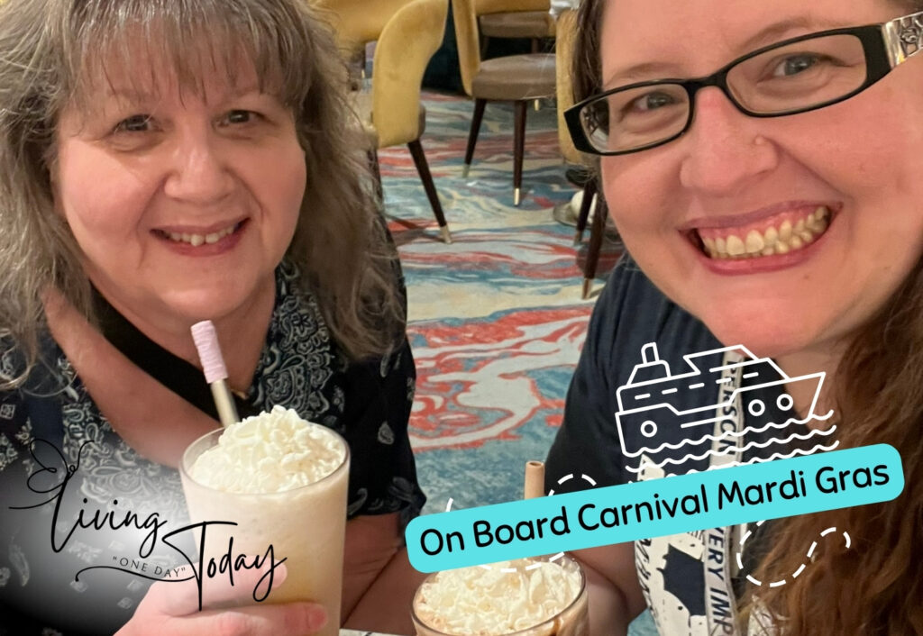 Travel Blog Photo by Living One Day Today. Mother and daughter enjoying coffee on embarkation day on Carnival Mardi Gras.